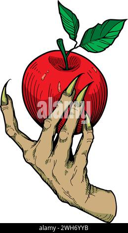 la main de sorcière avec de longs ongles tient une pomme empoisonnée Illustration de Vecteur