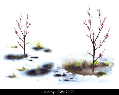 Fleurs de plantes primaires, fleurs printanières de cerisier, de sakura, d'abricot ou de pêche sur fond de neige fondante. Paysage aquarelle dessiné à la main Banque D'Images