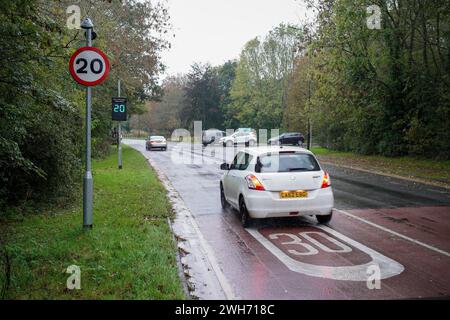 Panneaux de vitesse sur le bord d'Usk dans le sud du pays de Galles Royaume-Uni. Le panneau de signalisation indique 20 mph et les marquages au sol indiquent 30 mph. Cela ajoute à la confusion à propos de Banque D'Images