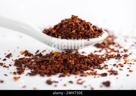 Gros plan de poivron rouge ou de piment en poudre dans une cuillère en céramique blanche Banque D'Images