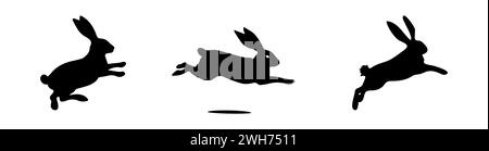 Ensemble de silhouettes de lapin sautant. Lapins de Pâques. Isolé sur fond blanc. Une simple icône noire de lièvres. Animaux mignons. Idéal pour logo, emblème, Illustration de Vecteur