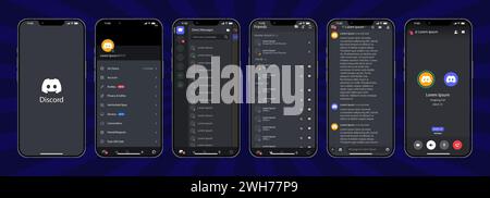 Discord interface de médias sociaux. Discord application mobile de Microsoft Corporation sur un smartphone. Définir le modèle de maquette de réseau social. Discorde mais Illustration de Vecteur