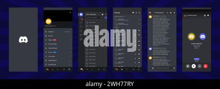 Discord interface de médias sociaux. Discord application mobile de Microsoft Corporation sur un smartphone. Définir le modèle de maquette de réseau social. Discorde mais Illustration de Vecteur