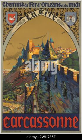 Affiche ferroviaire - Carcassonne - chemin de fer de Paris à Orléans. La Cité - oeuvre d'E. Paul Champseix - affiche de voyage française 1923 Banque D'Images