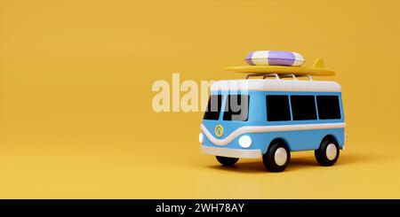 Mini van bleu 3d sur fond jaune, concept de vacances à la plage, modèle de page d'atterrissage dans l'illustration de dessin animé 3d mignon Banque D'Images