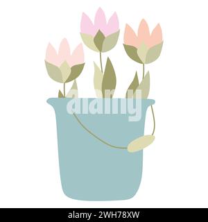 Tulipes printanières dans le seau. Bouquet floral de fleurs fraîches fleuries en pot. Jolis posies avec des pétales luxuriants. Illustration vectorielle plate isolée sur blanc Illustration de Vecteur