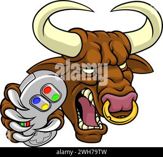 Bull Minotaur Longhorn Cow Gamer Mascot Cartoon Illustration de Vecteur