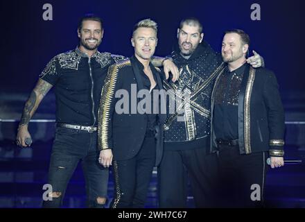 Photo du dossier datée du 23-01-2019 de Keith Duffy, Ronan Keating, Shane Lynch et Mikey Graham de Boyzone. Chorley espère suivre le «Playbook» de Wrexham après avoir révélé qu'ils sont en négociations pour que le groupe pop Boyzone devienne le nouveau visage du club. Date d'émission : jeudi 8 février 2024. Banque D'Images