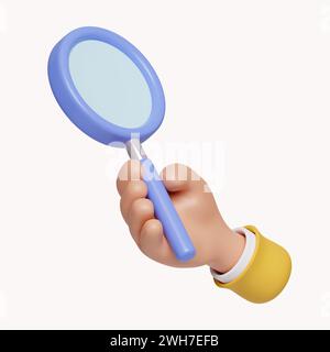 main 3d tenant la loupe. Icône Rechercher. Banque D'Images