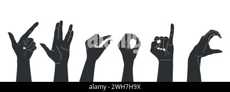 Ensemble de silhouettes de mains humaines surélevées montrant différents gestes. Illustration vectorielle Illustration de Vecteur