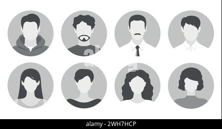 Portraits abstraits féminins et masculins sans visage. Ensemble de silhouettes de visage de femme et d'homme adaptées aux profils anonymes, aux avatars ou aux icônes abstraites de genre. Illustration de Vecteur