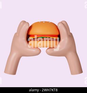 mains 3d tenant hamburger. icône isolée sur fond rose. illustration de rendu 3d. Masque. Banque D'Images