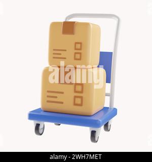 Chariot 3D et boîte en carton. Concept de livraison rapide de la boutique en ligne. Livraison de colis logistique d'expédition. Caisse de chargement. Dessin animé créatif Banque D'Images