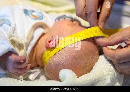 Brême, Allemagne. 08th Feb, 2024. Une sage-femme s'occupe d'un bébé. Brême veut améliorer les conditions de travail des infirmières et des sages-femmes avec un projet pilote dans un hôpital. Le 'je m'allaite à nouveau parce que.' Le projet a été lancé à réussis Hôpital Joseph-Stift de Brême début février. Au cours des quatre prochaines années, l'objectif est de travailler avec les infirmières et les sages-femmes pour améliorer les conditions de travail dans la salle d'accouchement et la maternité. Crédit : Sina Schuldt/dpa/Alamy Live News Banque D'Images