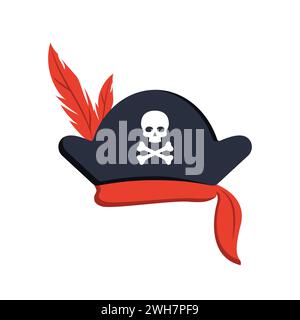 Chapeau triangulaire pirate noir avec crâne et os croisés, plumes rouges. Illustration vectorielle Illustration de Vecteur