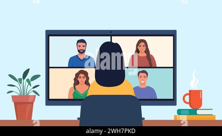 Femme discutant en ligne, en utilisant l'ordinateur pour la réunion virtuelle collective, la vidéoconférence de groupe. Illustration vectorielle Illustration de Vecteur