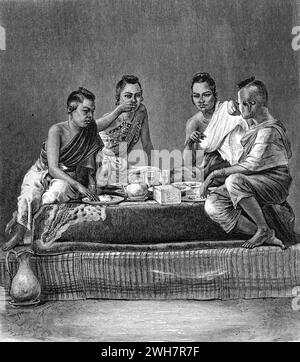 Jeune thaïlandais ou thaïlandais repas en famille Thaïlande. Gravure vintage ou historique ou illustration 1863 Banque D'Images