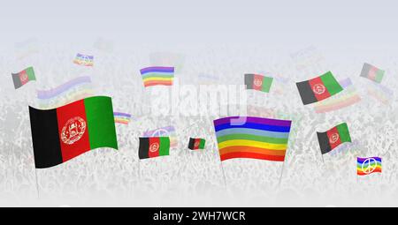 Des gens brandissant des drapeaux de paix et des drapeaux de l'Afghanistan. Illustration de la foule célébrant ou protestant avec le drapeau de l'Afghanistan et le drapeau de la paix. Vect Illustration de Vecteur