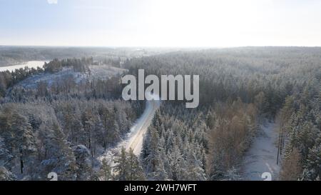 Vue aérienne par drone du vaste paysage forestier en hiver, avec la route menant à travers les bois Banque D'Images