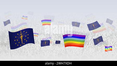 Les gens brandissent les drapeaux de la paix et les drapeaux de l'Indiana. Illustration de throng célébrant ou protestant avec le drapeau de l'Indiana et le drapeau de la paix. Vecteur illus Illustration de Vecteur