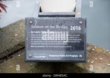 Saumon sur le panneau du pont au parc Maffeo Sutton à Nanaimo, Colombie-Britannique, Canada Banque D'Images