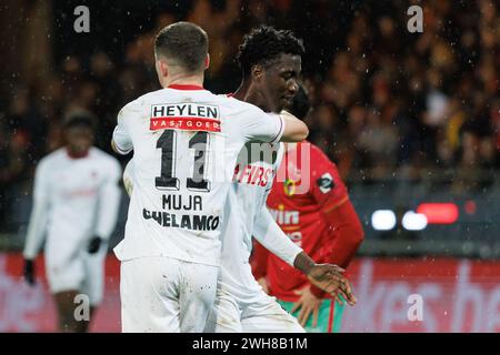 Ostende, Belgique. 08th Feb, 2024. Mahamadou Doumbia d'Anvers célèbre après avoir marqué lors d'un match de football entre le KV Oostende (1b) et le Royal Antwerp FC, jeudi 08 février 2024 à Anvers, première étape des demi-finales de la Croky Cup. BELGA PHOTO KURT DESPLENTER crédit : Belga News Agency/Alamy Live News Banque D'Images