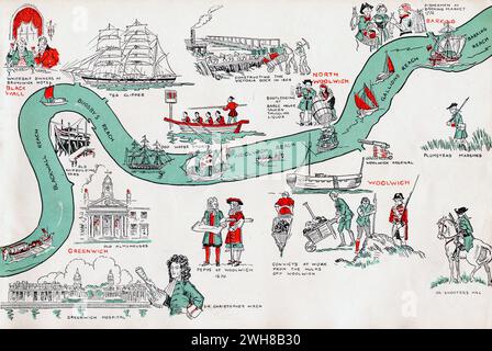 Londres. 1935 – Une carte picturale de la Tamise par Helen McKie. Cette carte représente le tronçon de la Tamise de Greenwich à Barking Reach, y compris Blackwall Reach, Bugsby’s Reach, Woolwich Reach et Gallions Reach. Il est décoré avec des images de dessins animés représentant des lieux d'intérêt historique. Banque D'Images