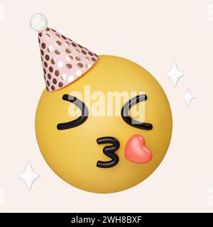 émoticône de fête 3d emoji célébrer. Joyeux anniversaire visage chapeau emoji. icône isolée sur fond gris. illustration de rendu 3d. Masque. Banque D'Images