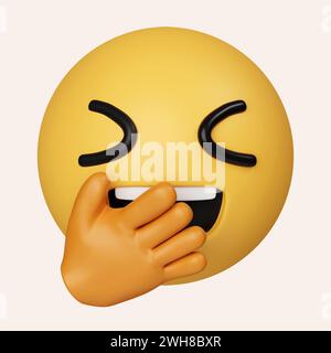 3d Chuckle Emoji. Émoticone couvre la bouche avec la main tout en riant. icône isolée sur fond gris. illustration de rendu 3d. Masque. Banque D'Images