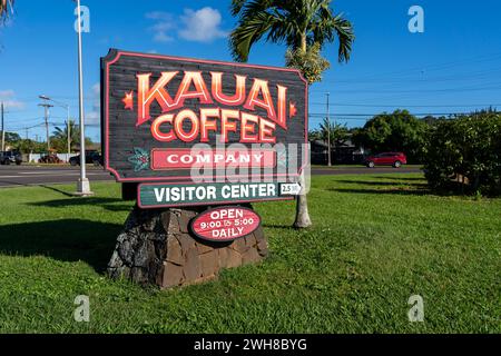 L'enseigne de Kauai Coffee Company est vue à Kauai, Hawaii, USA, le 18 janvier 2024. Banque D'Images