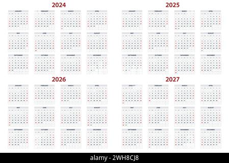 Modèle de calendrier trimestriel pour les années 2024, 2025, 2026, 2027. Grille de calendrier mural dans un style minimaliste. La semaine commence le dimanche. Illustration de Vecteur