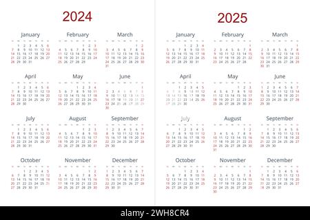 Modèle de calendrier trimestriel pour 2024, année 2025. Grille de calendrier mural dans un style minimaliste. La semaine commence le dimanche Illustration de Vecteur