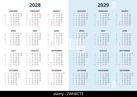 Modèle de calendrier pour 2028, année 2029. Grille de calendrier mural dans un style minimaliste. La semaine commence le dimanche. Illustration de Vecteur