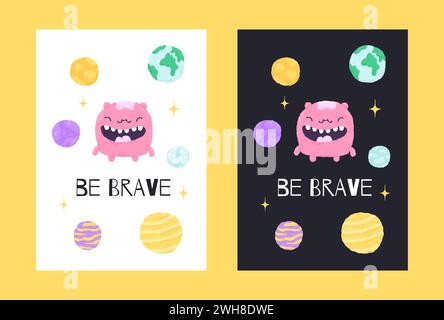 Affiche de l'espace avec des monstres mignons dans le style dessiné à la main de dessin animé avec letternig citation. Illustration vectorielle Illustration de Vecteur