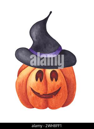 Citrouille souriante portant un chapeau de sorcière pour les vacances d'Halloween. Illustration d'aquarelle dessinée à la main isolée sur fond blanc. Banque D'Images