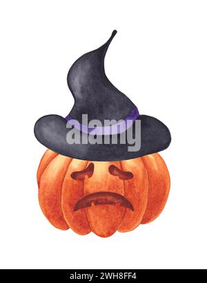 Illustration aquarelle de citrouille d'halloween dans un chapeau isolé sur fond blanc Banque D'Images