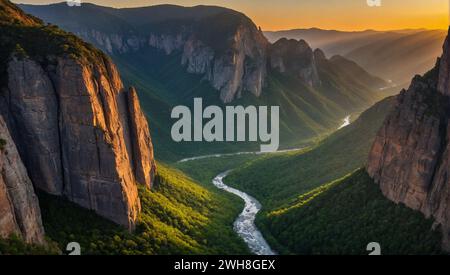 Lever de soleil brillant sur une rivière sinueuse à travers une vallée profonde flanquée de falaises imposantes Banque D'Images