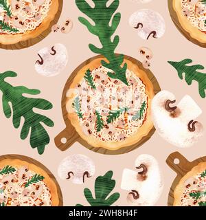 Modèle de pizza sans couture avec champignons et roquette. Illustration à l'aquarelle pour les menus, recettes, textiles de cuisine, conception de cafés, restaurants et pizzas Banque D'Images