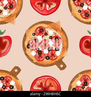 Modèle de pizza sans couture avec des tomates, des olives et du fromage. Illustration aquarelle pour les menus, recettes, textiles de cuisine, conception de cafés, restaurants et Banque D'Images