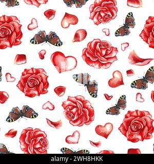 Modèle sans couture avec des roses rouges, des papillons et un coeur. Illustration d'aquarelle dessinée à la main. Pour l'emballage et les textiles, papier d'emballage, serviettes, bac Banque D'Images
