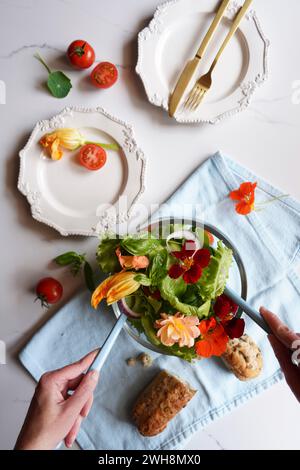 Mains de femme servant une salade méditerranéenne avec courgettes, nasturtium et fleurs comestibles rose flatlay. Banque D'Images