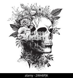 Crâne avec des fleurs, avec des roses. Portrait de crâne humain avec couronne de fleur. Illustration vectorielle isolée sur fond blanc. Imprimé floral crâne de sucre pour Halloween. Illustration de Vecteur