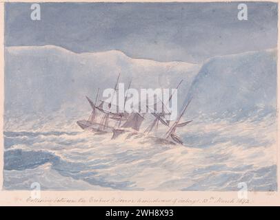 'Collision Between the Erebus & Terrror to Windward of icebergs, 13 mars 1842' tiré du livre 'Views of Polar Regions' de Charles Hamilton Smith, belge, non daté, aquarelle et graphite sur papier tissé crème modérément épais, modérément texturé, montre la collision entre deux navires dans une mer orageuse entourée d'icebergs Banque D'Images