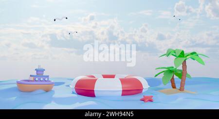 Podium de la scène d'anneau de natation vide avec fond de plage d'été et concept d'accessoire de plage de l'été. Idée créative de concept d'été. bannière d'illustration Banque D'Images