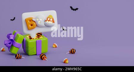 3d Halloween donner boîte avec pièce de monnaie, ballon, citrouille et chauve-souris sur fond violet. Joyeux concept d'Halloween. Vacances traditionnelles d'octobre. copier l'espace. 3d Banque D'Images