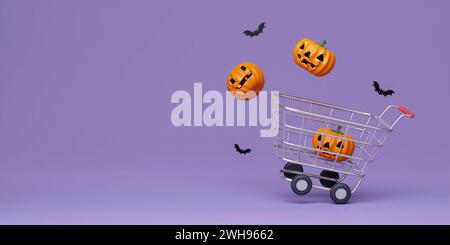 Concept de shopping du festival d'Halloween. Citrouilles d'Halloween avec panier sur fond violet avec espace de copie. Banque D'Images