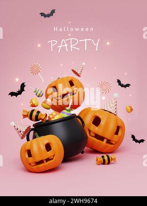 Joyeux Halloween festif. Bonbons d'Halloween en pot bouillant, citrouille et chauve-souris sur fond rose avec texte. style de dessin animé 3d. Holiday Hallows' Eve Or Banque D'Images