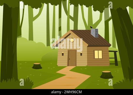 Maison en bois dans la forêt. Paysage forestier avec illustration vectorielle de cabine. Campagne. Illustration de Vecteur