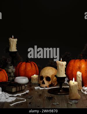 Halloween la nuit - Jack O Lanterne sur la table avec des bougies sur une table en bois. rendu 3d. Banque D'Images
