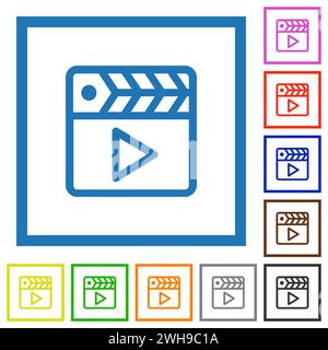 Movie clapper contour des icônes de couleur plate dans des cadres carrés sur fond blanc Illustration de Vecteur